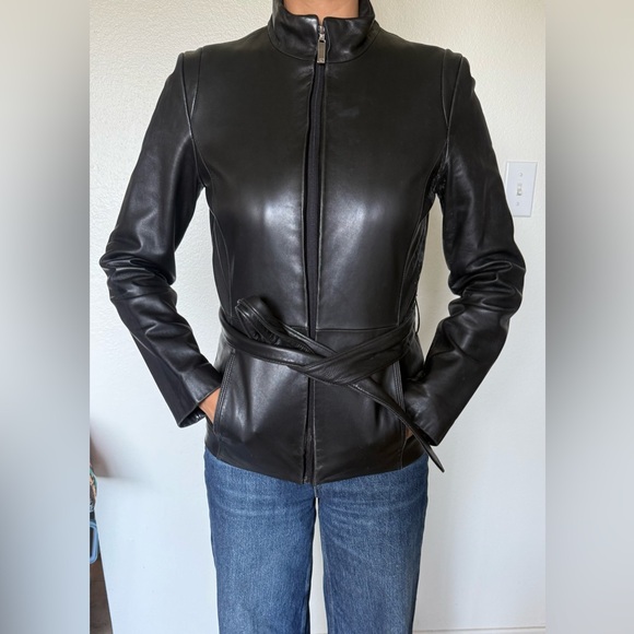Kenneth Cole Jackets & Blazers - Kenneth Cole Vintage Black Leather Jacket with Belted Waist and Stand-Up Collar